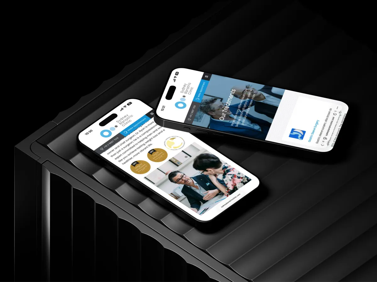 Two phone mockups showing the new Sydney Bariatric Clinic website homepage and Treatments page