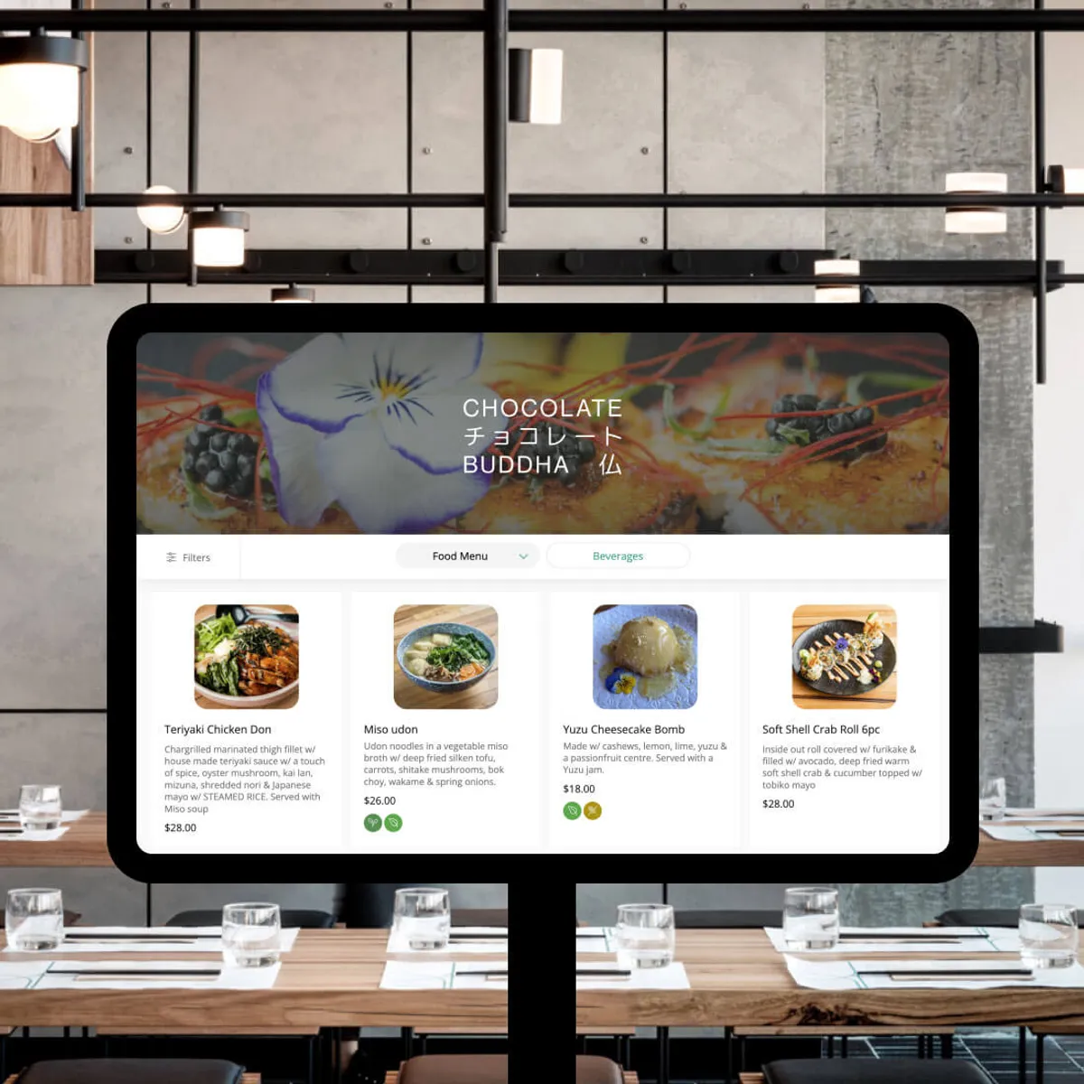 Restaurant tablet menu displaying the Chocolate Buddha food and beverage ordering screen