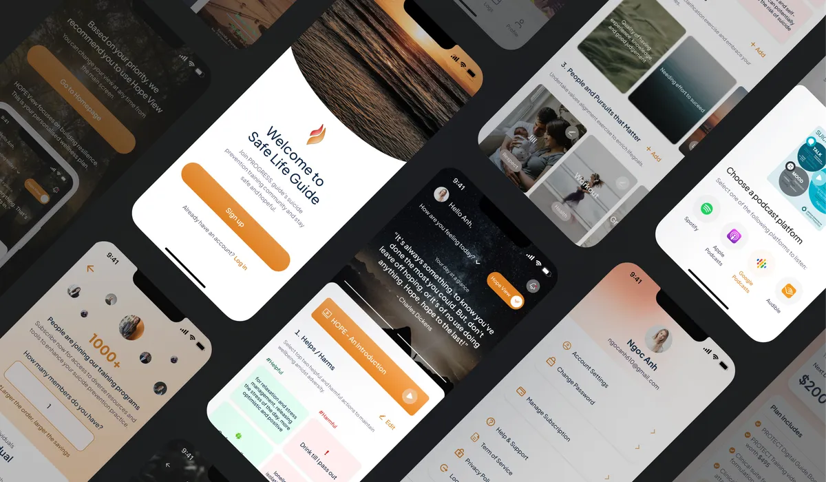 Collage of Safe Guide Life app screens showing onboarding, chat support, and resource library