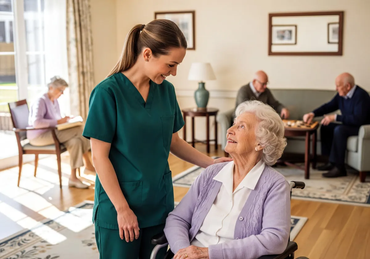 Caregiver in scrubs comforting an elderly woman in a wheelchair in a home care living room