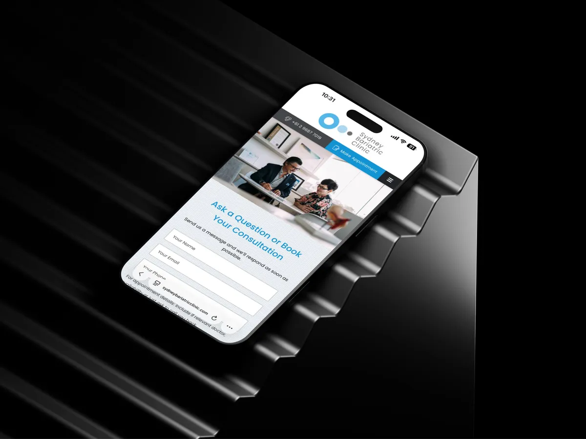 Phone mockup of the Sydney Bariatric Clinic website contact and appointment booking form