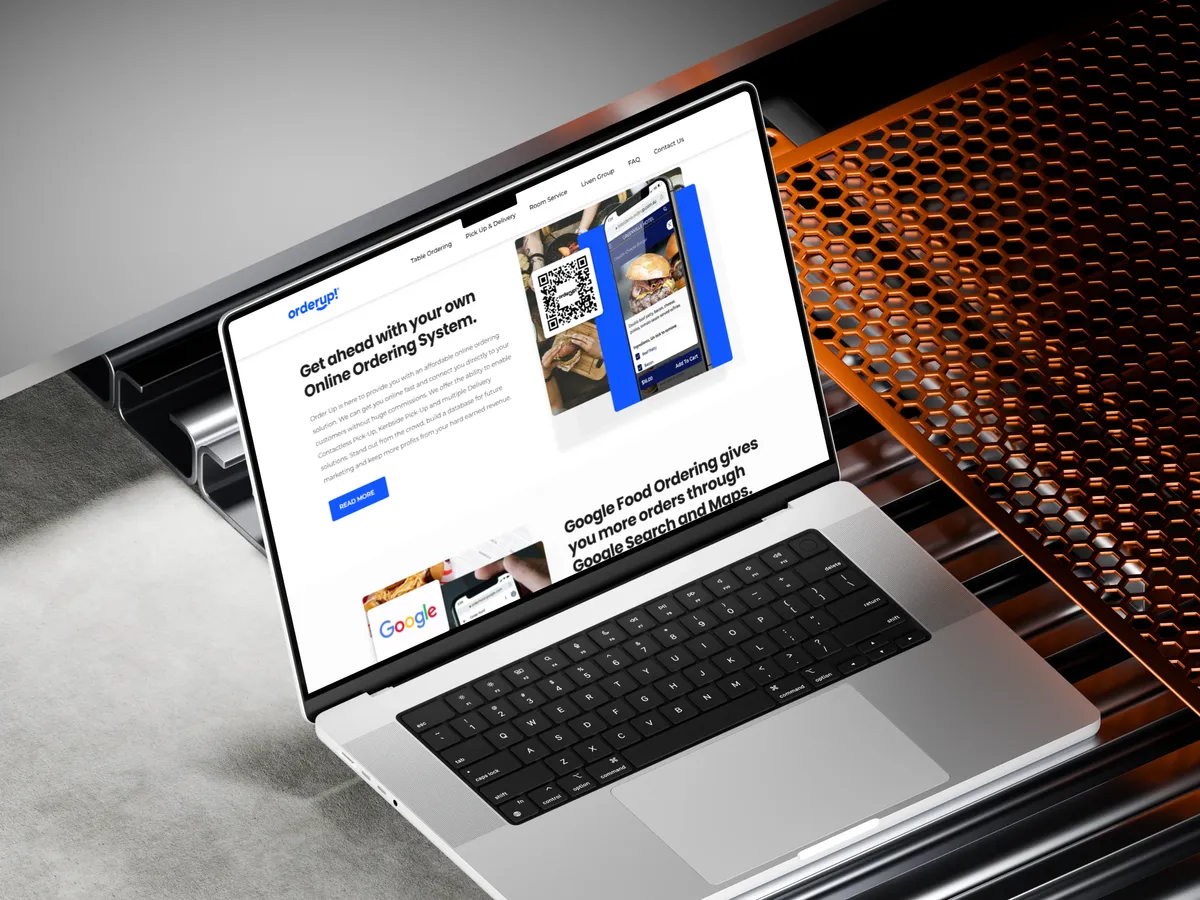 OrderUp online ordering system website shown on a laptop, featuring Google Food Ordering integration