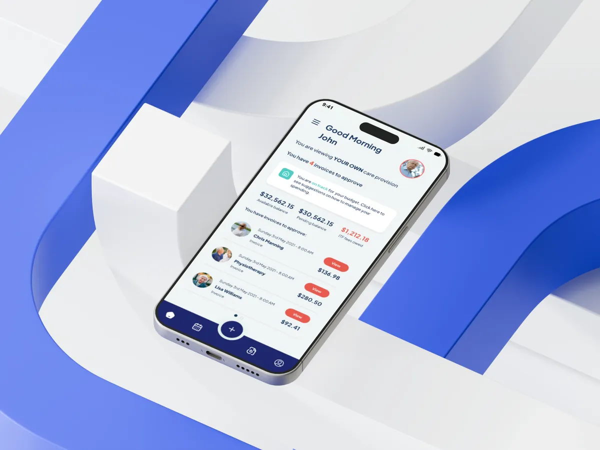 Care management app dashboard showing budget balance and pending invoices to approve