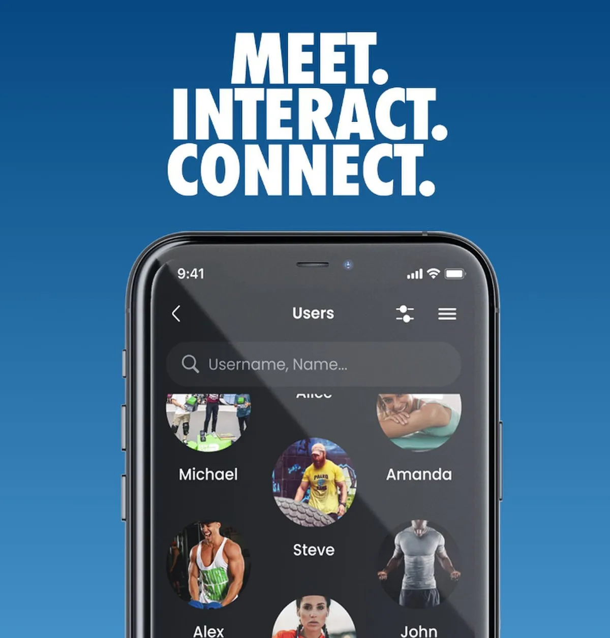 Krunk app screen titled Meet, Interact, Connect listing gym member profiles to discover